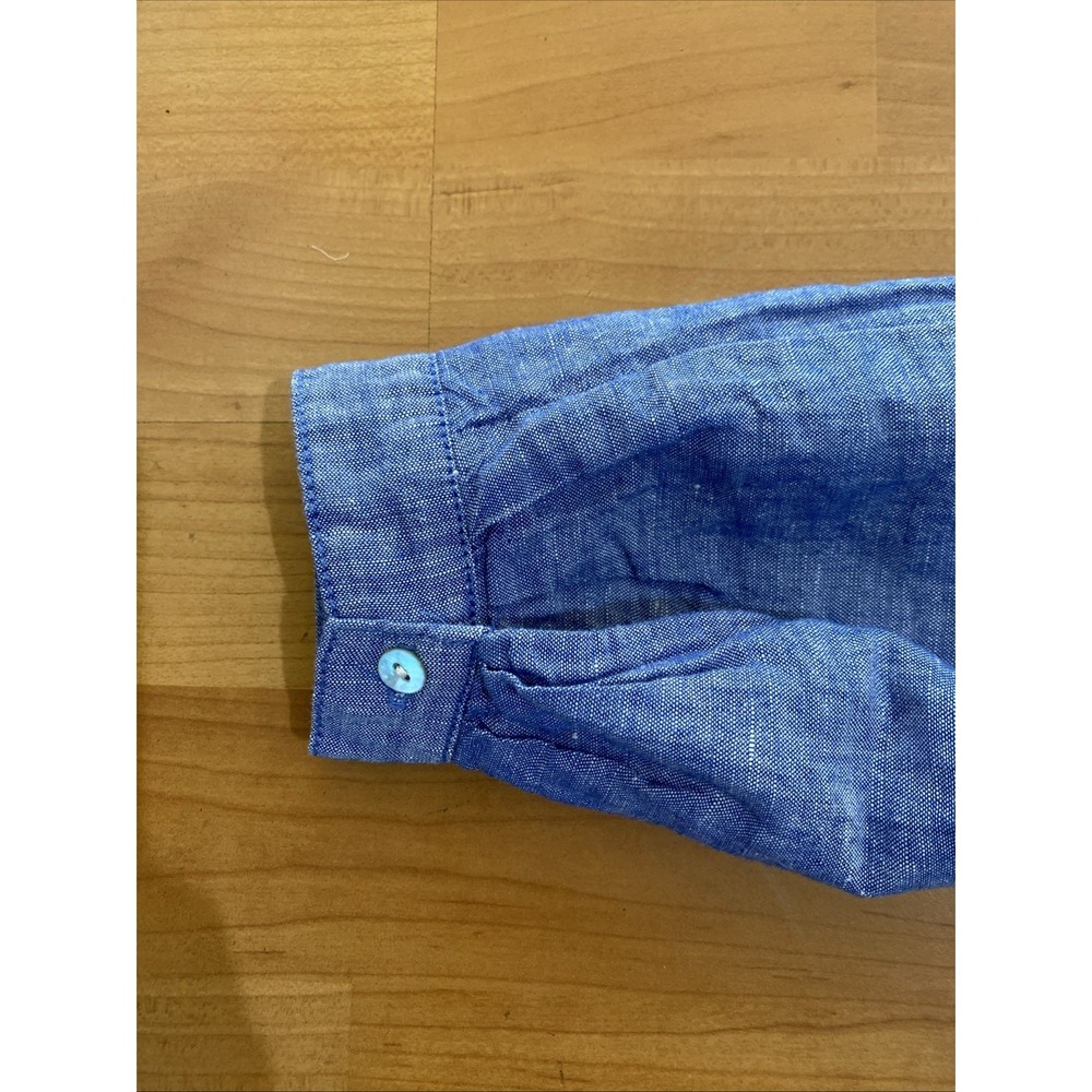 Max Studio Blue Long Sleeve Henley Linen Blend Popover Size Small Rolled Sleeve - Picture 10 of 11